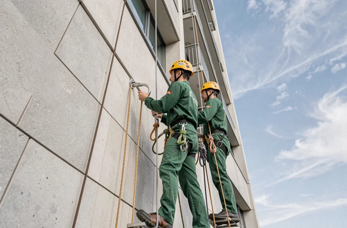 Techniciens d'Access Habitat travaillant en accès sur cordes sur un immeuble moderne à Belfort