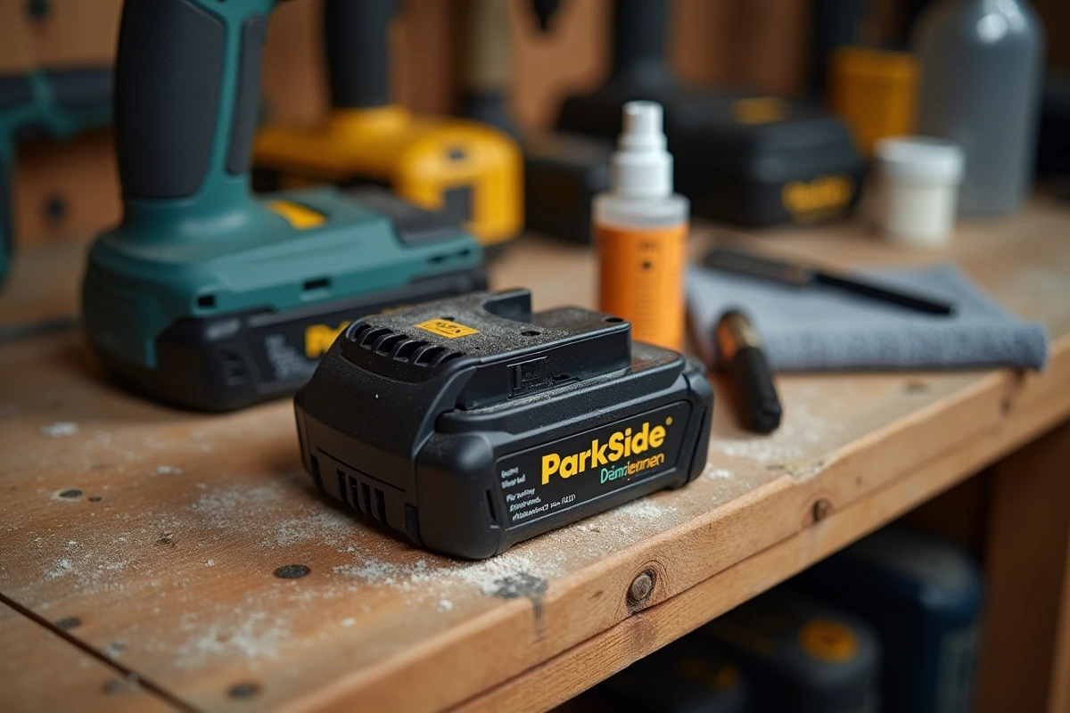 Accessoires et produits d'entretien pour outils Parkside disposés sur un établi en bois