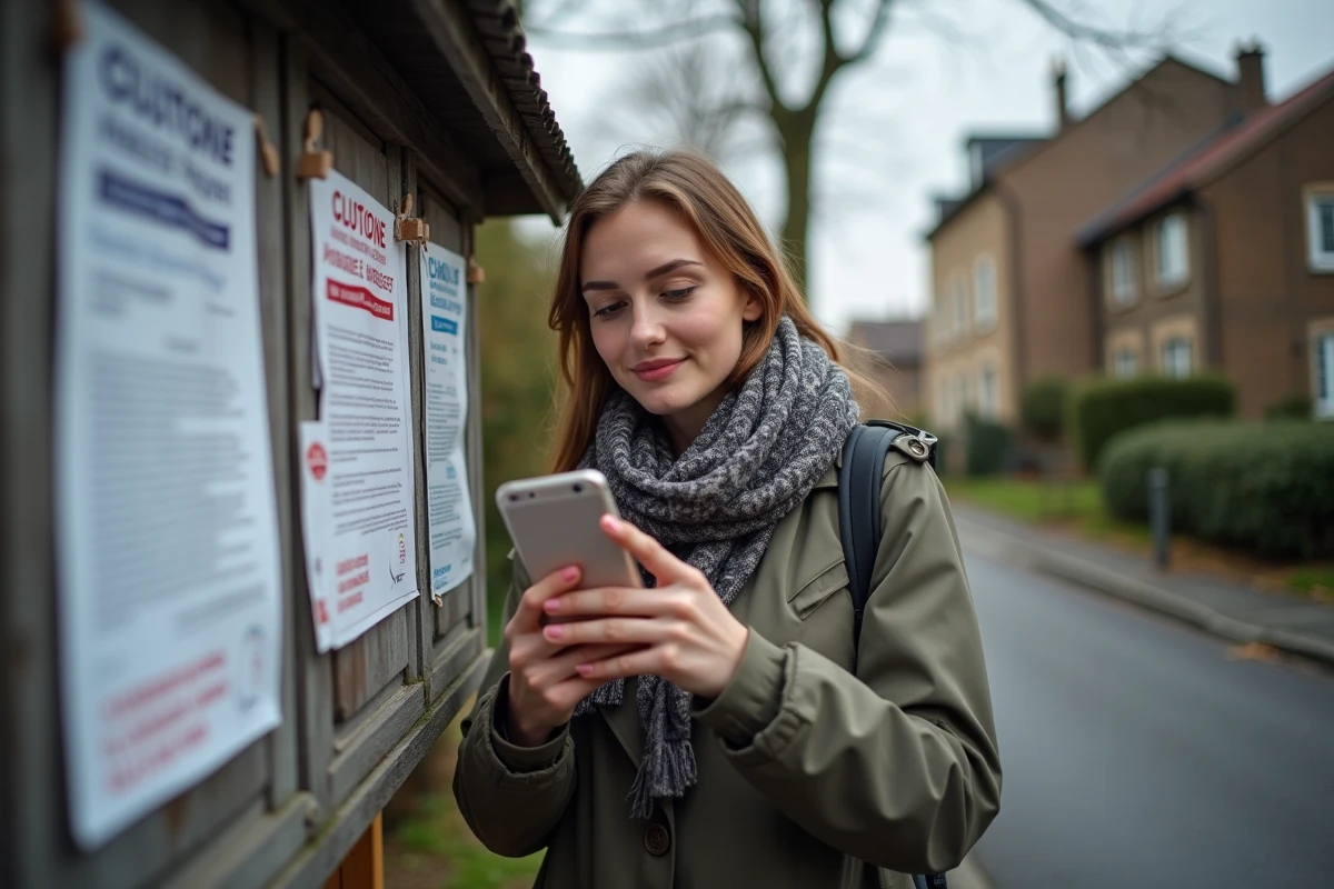 Jeune femme prenant en photo une affiche de vide grenier
