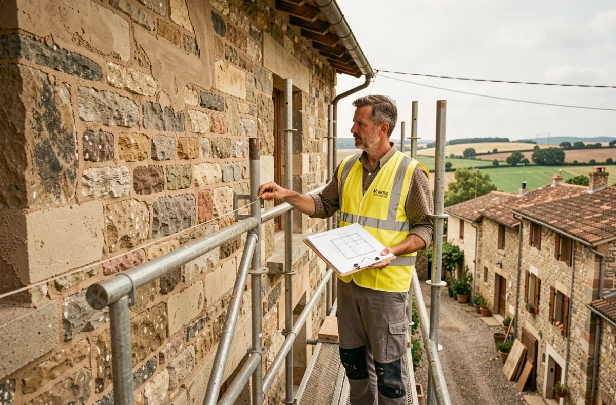 Professionnel d'ALP Construction inspectant une façade rénovée sur une maison traditionnelle en Bourgogne