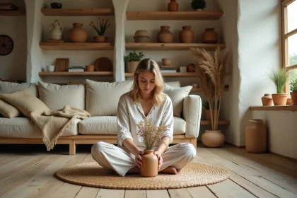 Femme arrangeant des fleurs séchées dans une maison décorée selon les principes du slow living avec mobilier en bois brut et textiles naturels