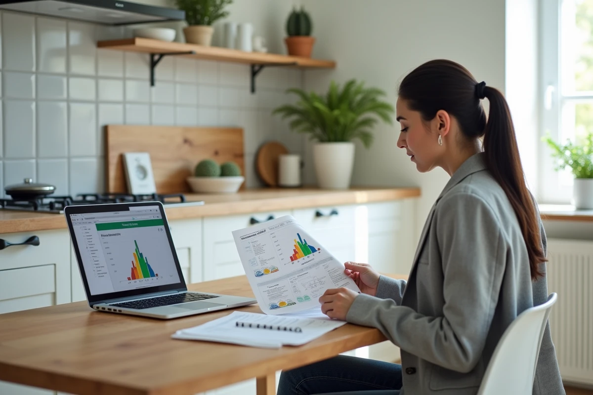 Femme analysant un rapport d'audit thermique imprimé avec des graphiques de performance énergétique à la table de sa cuisine