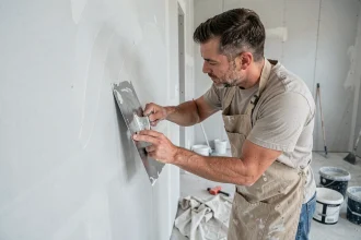Plâtrier professionnel appliquant de l'enduit MAP au couteau sur une cloison en plâtre lors d'une rénovation intérieure