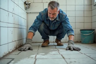Artisan appliquant un joint époxy sur d'anciens joints de carrelage qui s'effritent dans une salle de bain