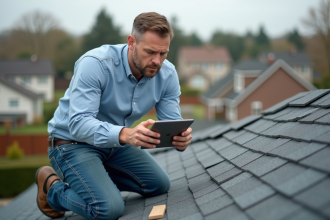 Architecte homme sur le toit examinant une tablette numérique