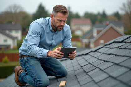 Architecte homme sur le toit examinant une tablette numérique
