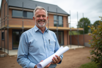 Architecte souriant avec plans devant maison en construction