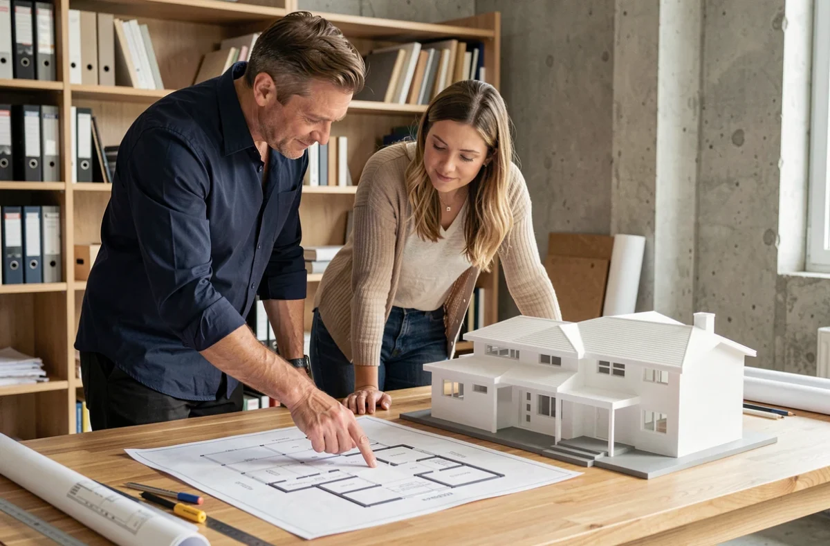 Architecte et clients étudiant les plans d'une maison en L de plain pied avec garage, maquette architecturale sur table