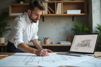 Architecte travaillant sur les premiers croquis d'un plan de construction neuve dans un studio moderne