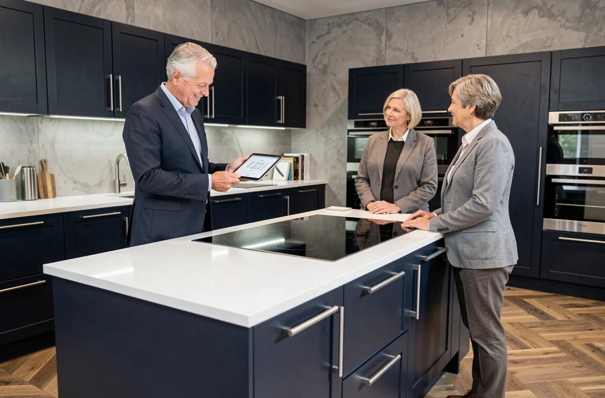 Cuisine Arthur Bonnet bleu marine avec plan de travail Corian et îlot professionnel dans le showroom de Lille