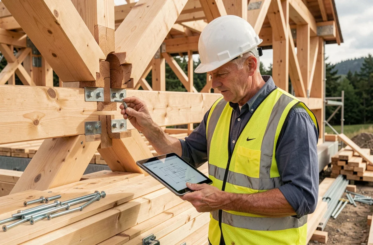 Artisan inspectant l'assemblage de la charpente bois d'un chalet habitable 80m2 livré monté