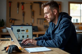 Artisan consultant les prix du matériel de travaux sur un site en ligne depuis son atelier