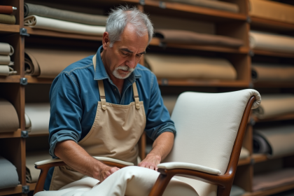 Artisan italien en train de rembourrer un fauteuil moderne