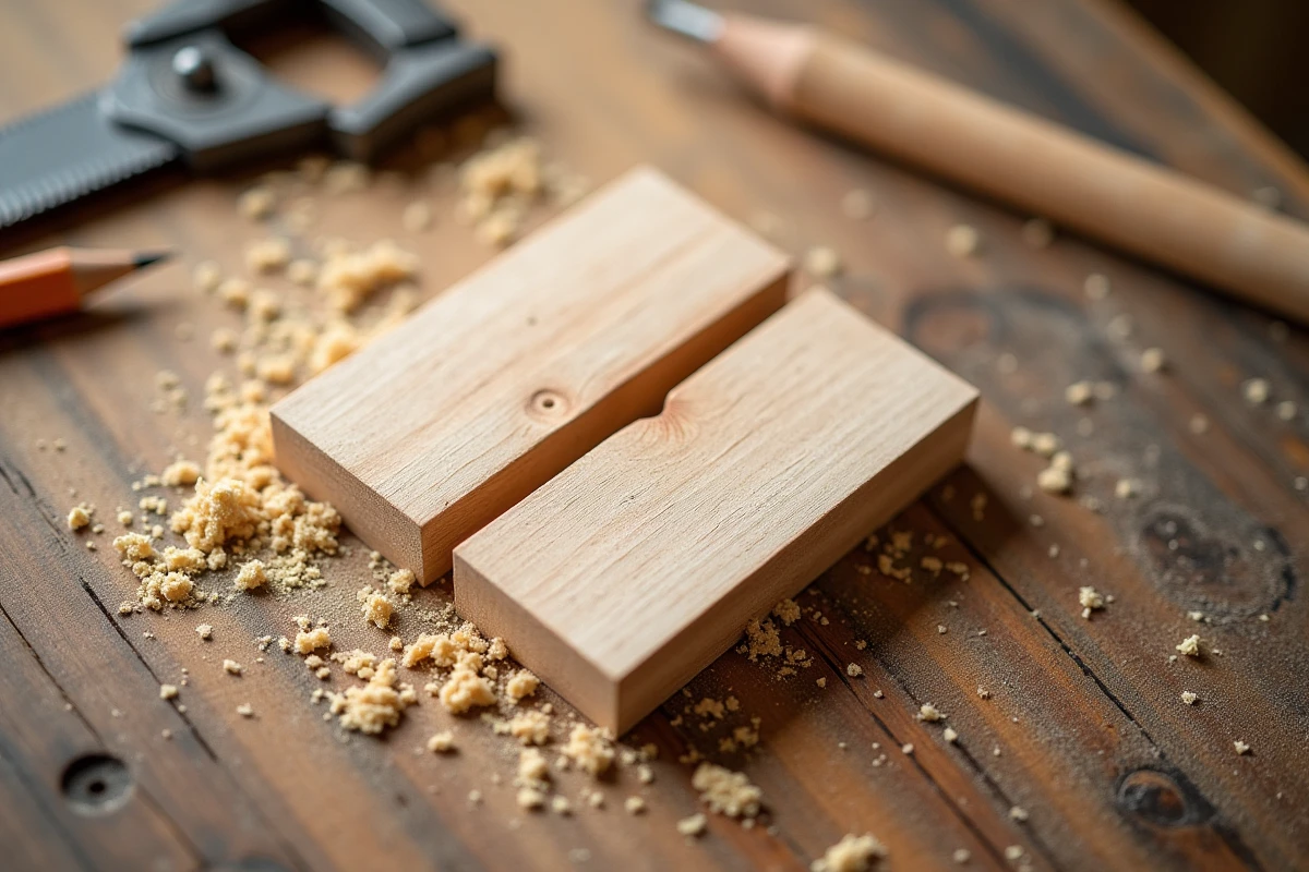 Vue du dessus d'un assemblage tenon et mortaise en frêne sur un établi avec outils de traçage et scie à tenon