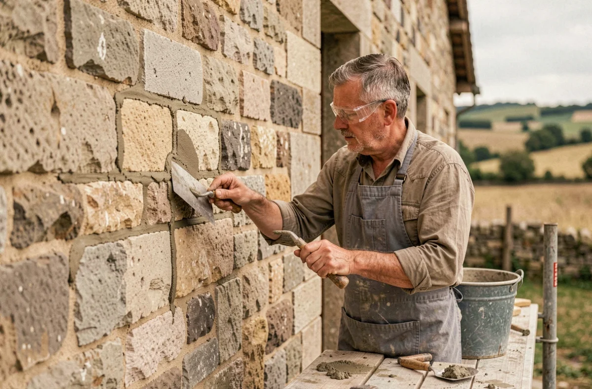 Artisan de l'Atelier Ravalement Comtois rejointoyant les pierres d'une ferme traditionnelle comtoise