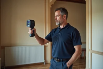Auditeur thermique tenant une caméra infrarouge face à un mur intérieur lors d'un audit énergétique à domicile