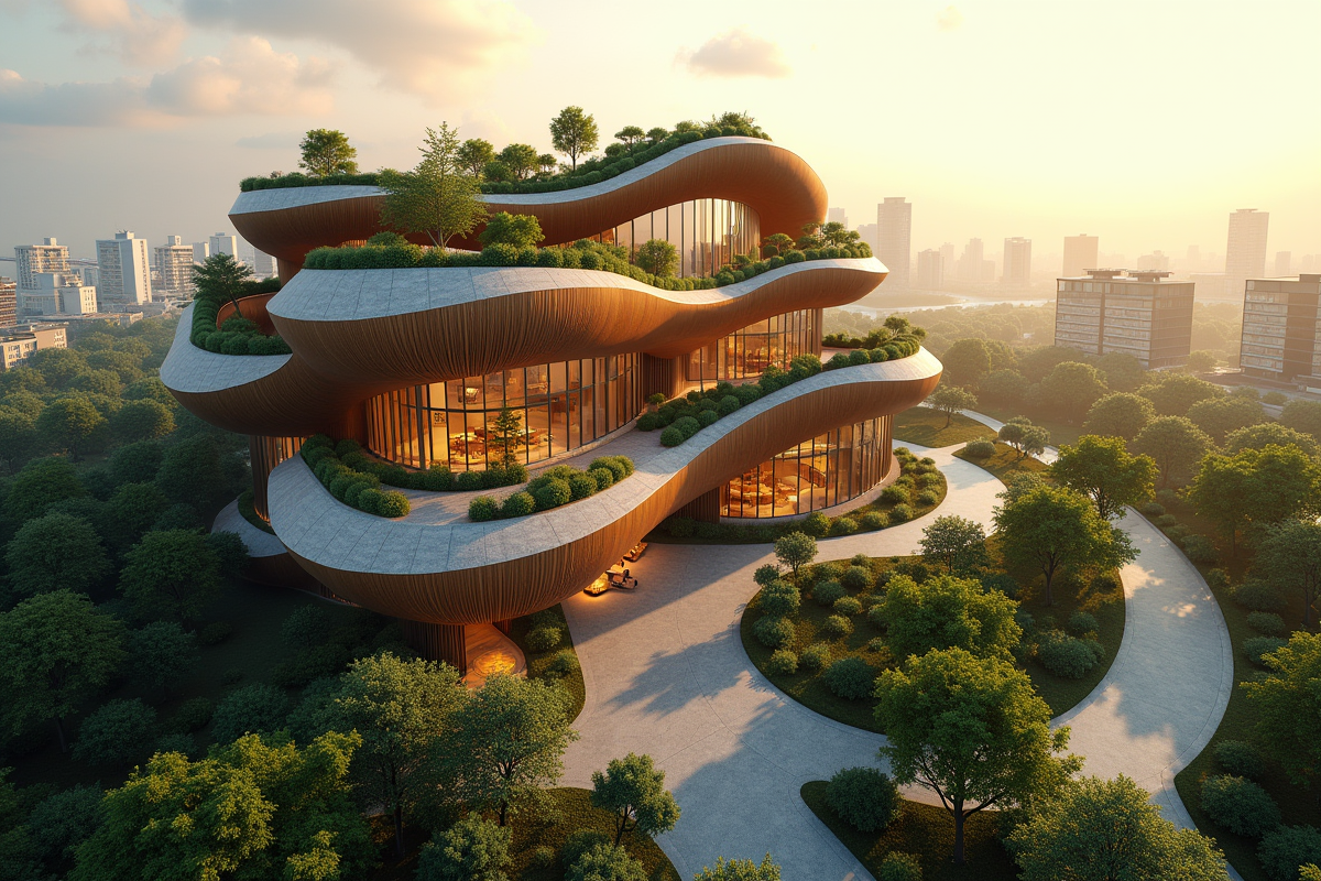 Bâtiment durable aux formes organiques et jardins sur le toit
