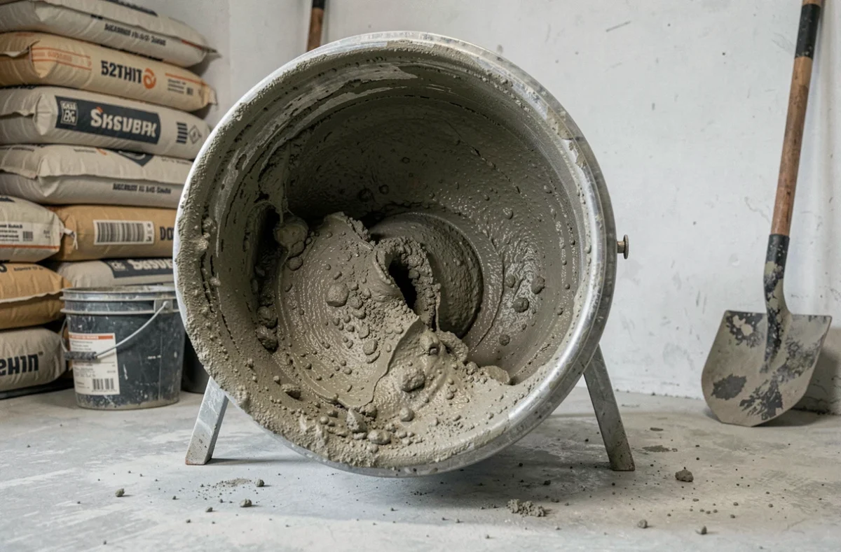 Gros plan sur l'intérieur d'une bétonnière avec un mélange de chape maigre en cours de malaxage
