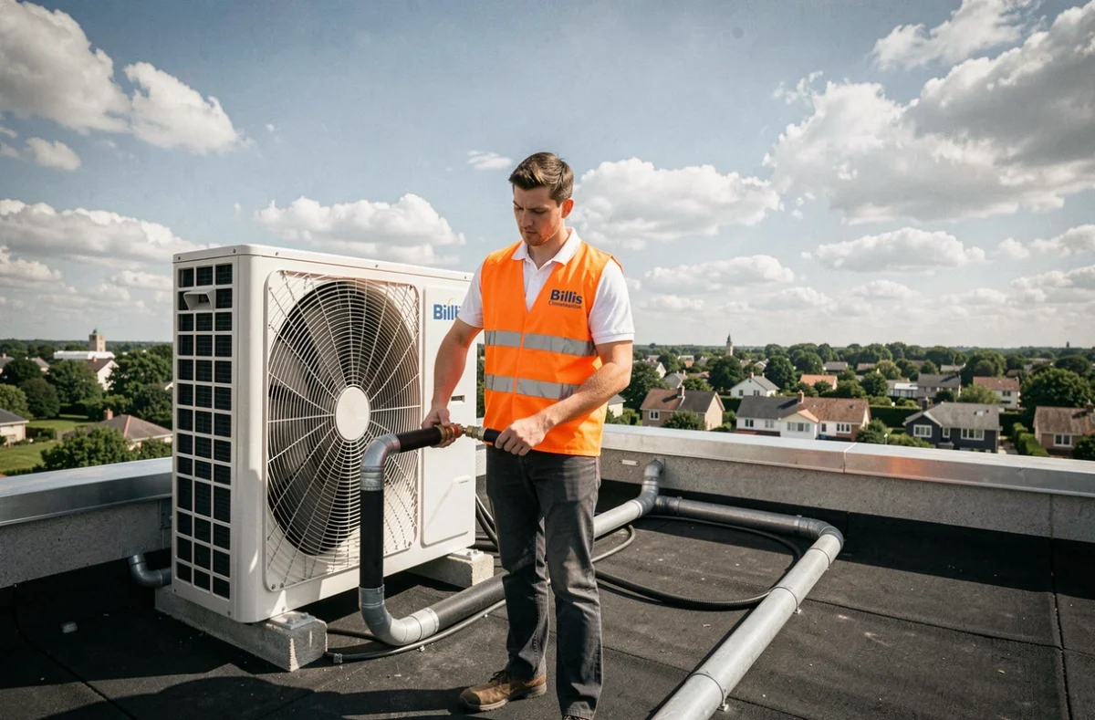 Technicien Billis Climatisation raccordant des tuyaux frigorifiques sur la toiture d'un bâtiment commercial dans les Yvelines