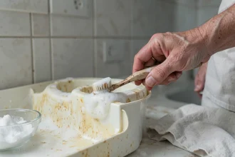 Mains d'une femme frottant du plastique jauni avec une brosse à dents et du bicarbonate de soude dans une cuisine