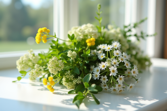 Bouquet de fleurs avec tansy tarragon et trillium en gros plan