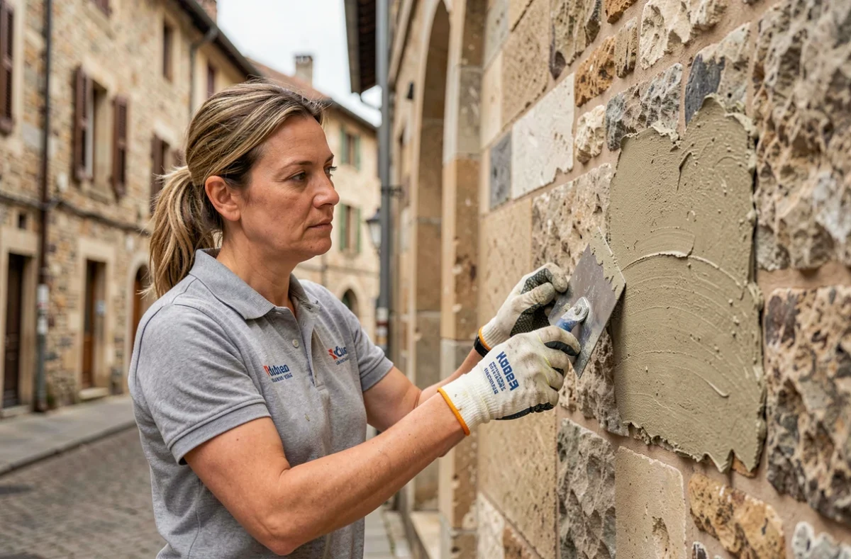 Spécialiste de Bourgogne Rénovation Façades appliquant un enduit à la chaux sur un bâtiment historique à Beaune