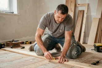 Bricoleur amateur mesurant une planche en bois dans un salon en cours de rénovation avec un petit budget