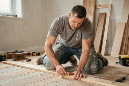 Bricoleur amateur mesurant une planche en bois dans un salon en cours de rénovation avec un petit budget