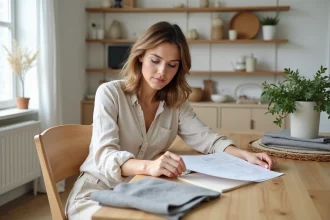 Femme consultant un budget de décoration intérieure avec des échantillons de tissu sur une table en bois dans un salon minimaliste