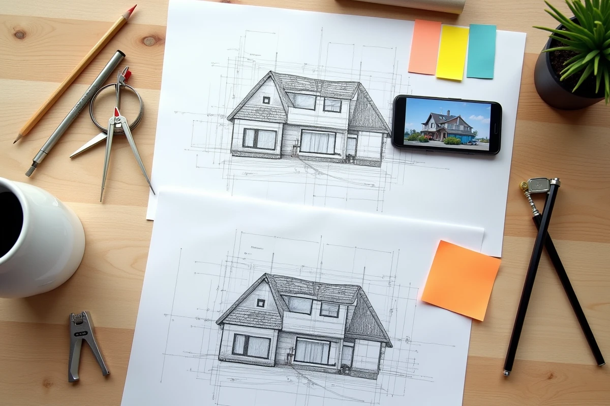 Vue aérienne d'un bureau d'architecte avec esquisses, plans techniques et outils de dessin pour une construction neuve
