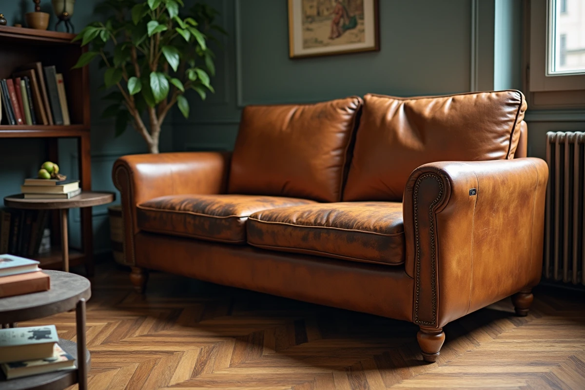 Canapé en cuir aniline vieilli dans un appartement parisien montrant la patine naturelle, les craquelures et le vieillissement authentique du cuir non traité