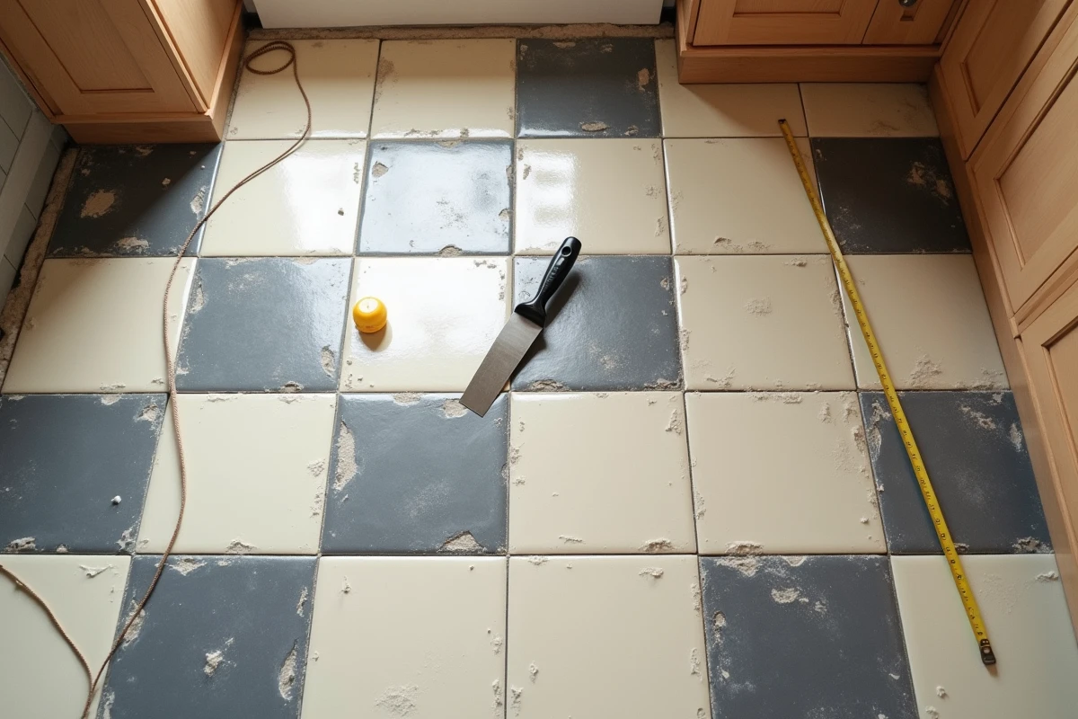 Vue aérienne d'une pose de carrelage bicolore en cuisine avec outils de carreleur