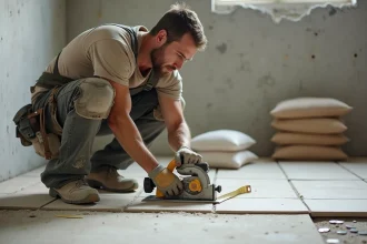 Carreleur professionnel effectuant des découpes précises de carreaux céramique lors d'une rénovation de salle de bain en 2026