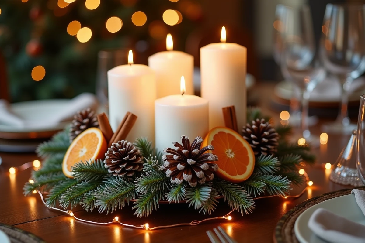Centre de table de Noël professionnel avec bougies, pommes de pin givrées, tranches d'orange séchées et guirlandes lumineuses cuivrées
