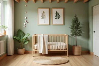 Chambre bébé thème nature et bois avec berceau en bouleau, plantes vertes et poutres en pin apparent