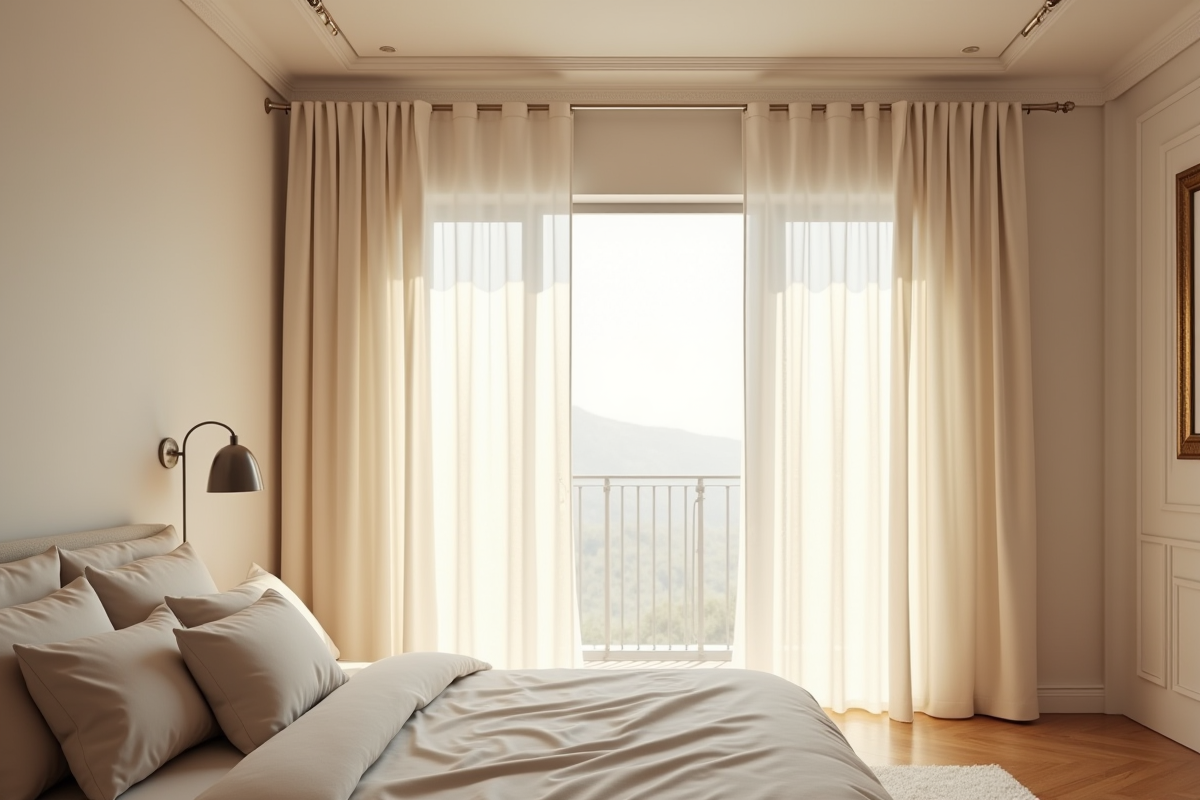 Chambre chaleureuse avec rideaux blancs et rail au plafond
