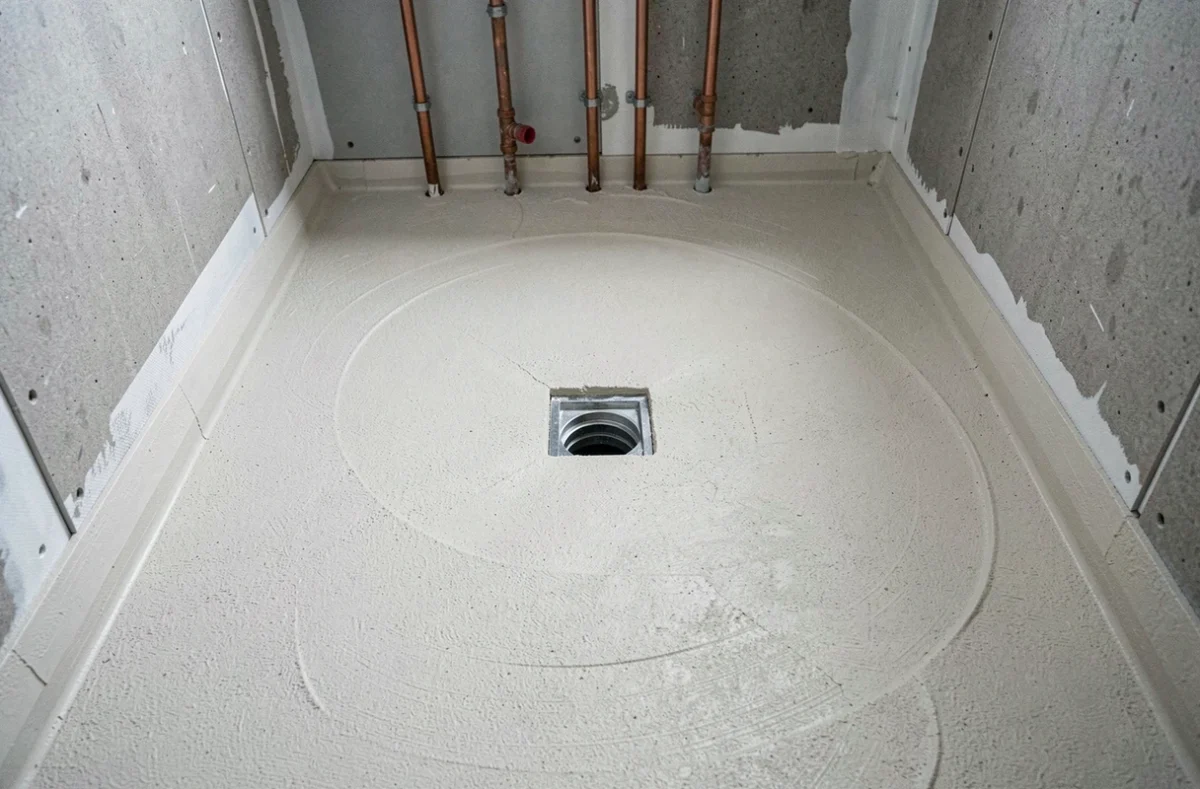 Chape maigre inclinée vers le siphon dans une douche italienne en cours de construction