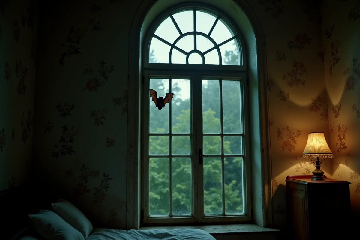 Silhouette de chauve-souris sur le cadre d'une fenêtre ancienne dans une maison de campagne, atmosphère spirituelle