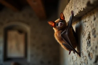Chauve-souris accrochée au mur intérieur d'une maison en pierre rustique, symbole spirituel et mystérieux