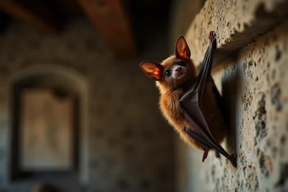 Chauve-souris accrochée au mur intérieur d'une maison en pierre rustique, symbole spirituel et mystérieux