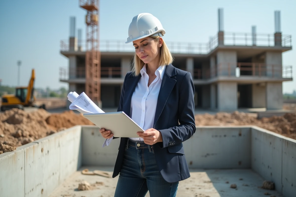 Cheffe de projet sur un chantier de construction neuve comparant les plans finaux avec la structure en cours