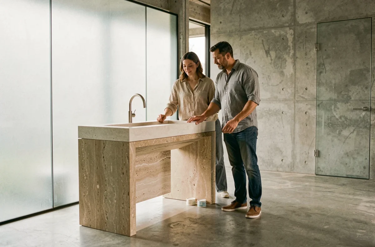 Couple discutant des dimensions d'un grand lavabo en résine dans une salle de bain moderne style showroom