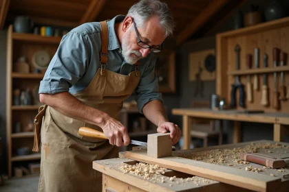 Artisan menuisier taillant une mortaise dans du chêne avec un ciseau à bois et un maillet en bois dans un atelier traditionnel