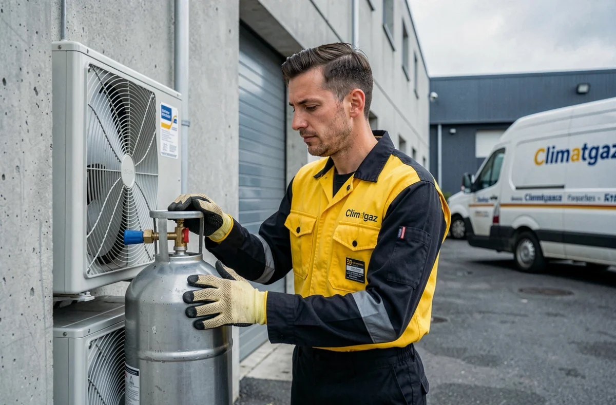 Technicien Climatgaz manipulant une bouteille de gaz frigorigène lors d'une intervention sur un bâtiment commercial