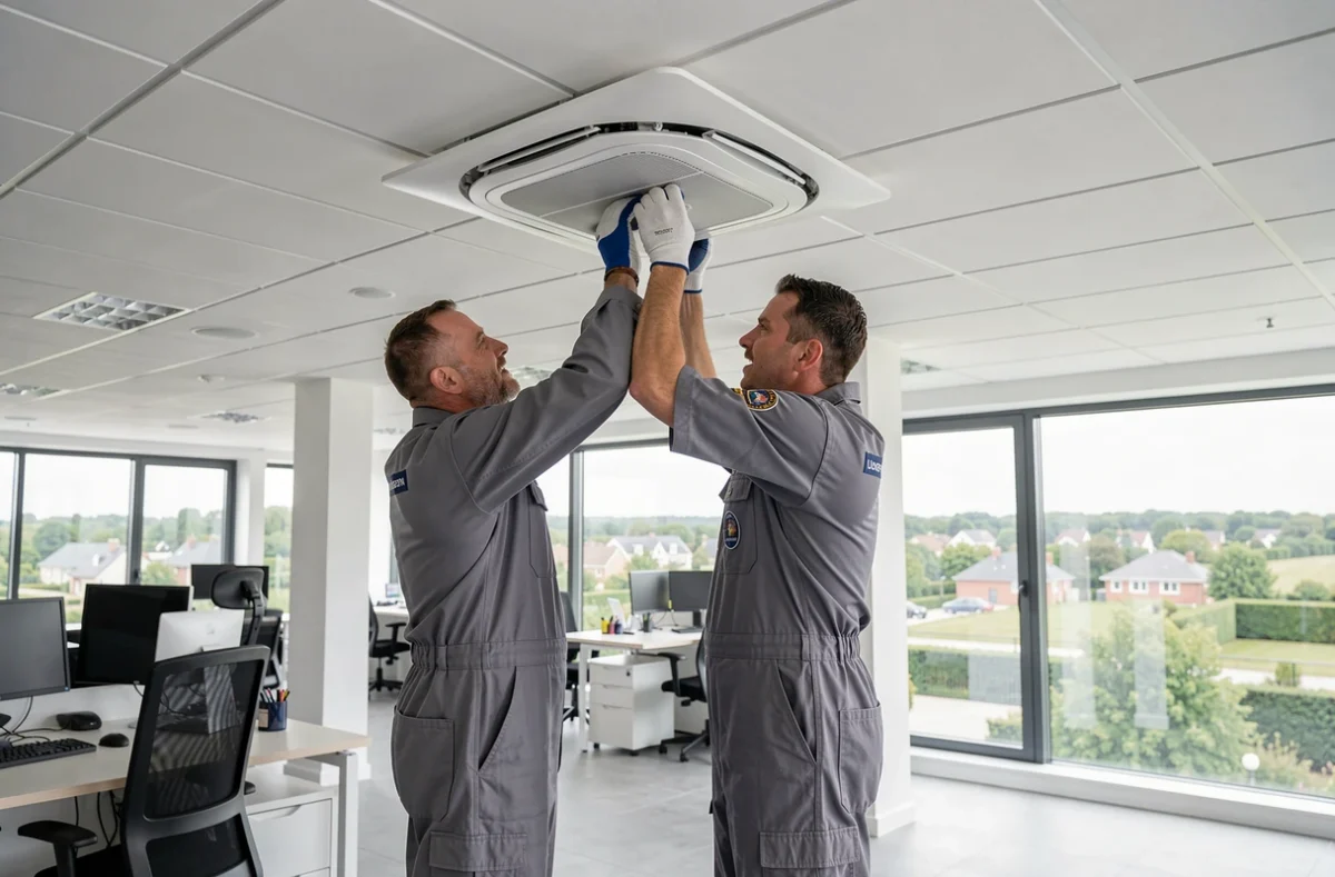 Deux techniciens Climax Energies SAS posant une cassette de climatisation dans un bureau commercial en Île-de-France