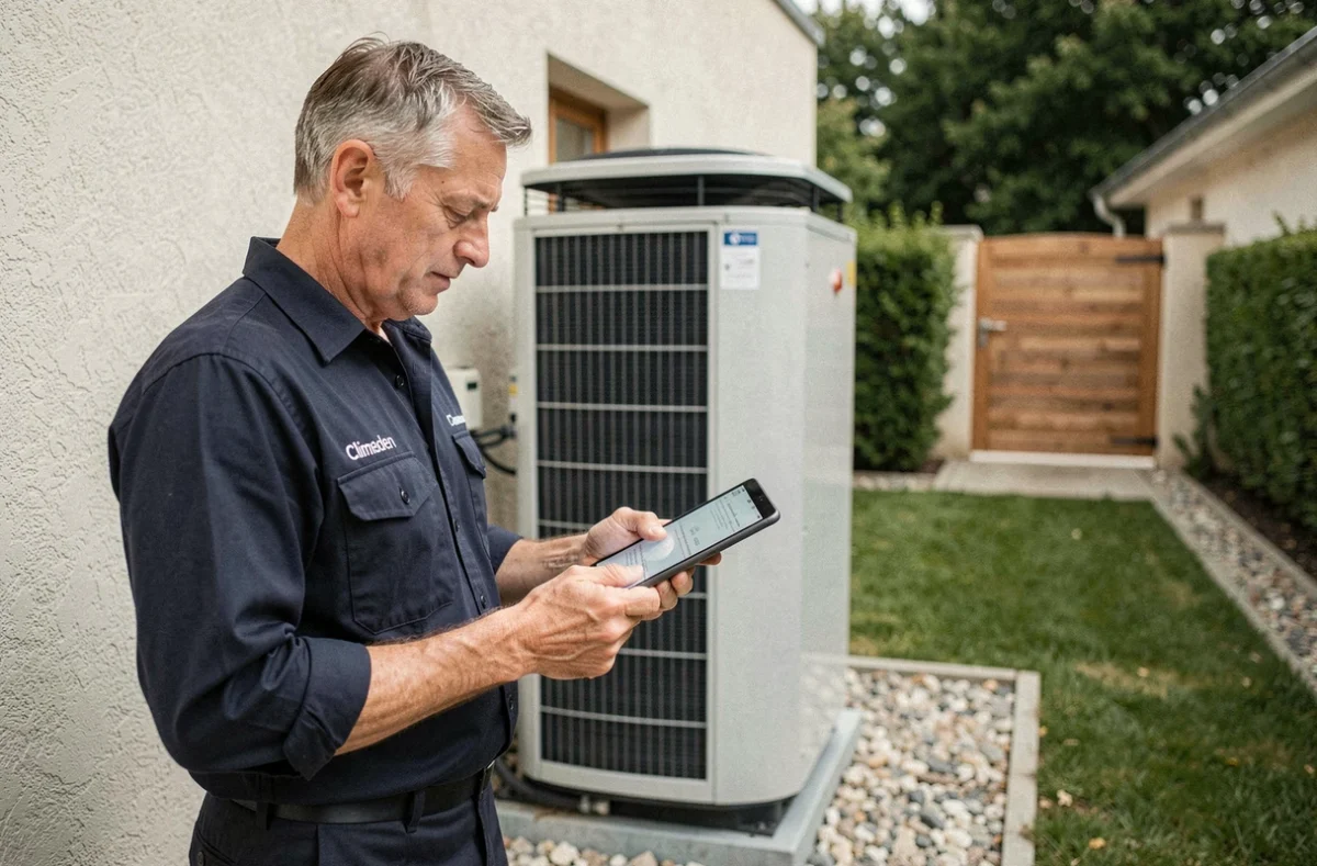 Technicien Climeden consultant une tablette à côté d'une pompe à chaleur installée devant une maison contemporaine