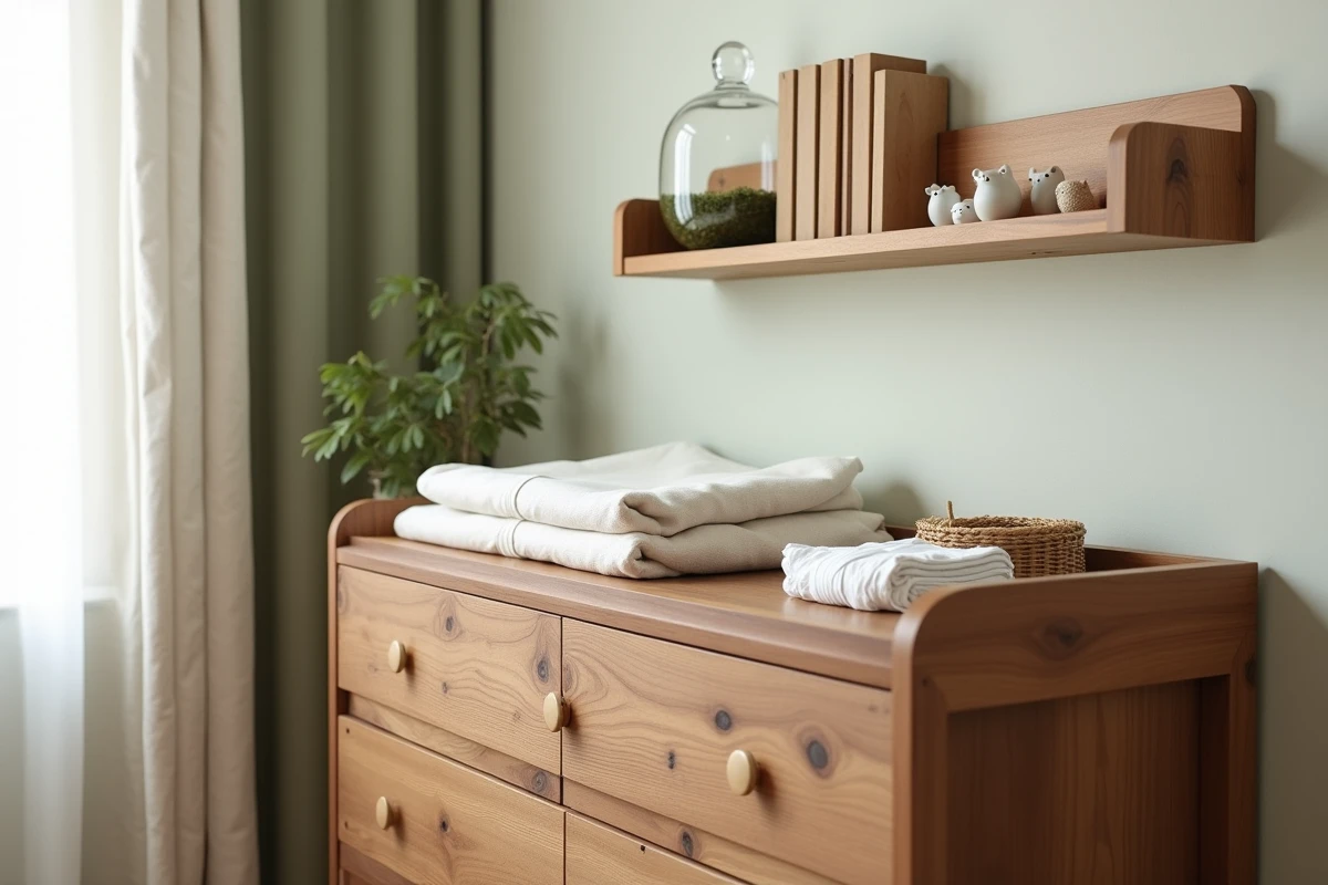 Coin change bébé en bois massif avec étagère en frêne, figurines animaux et accessoires naturels