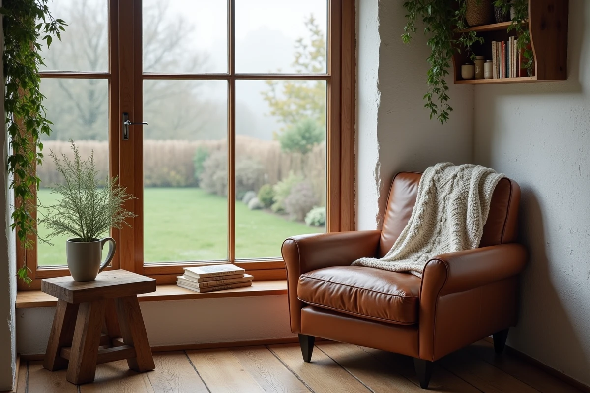 Coin lecture cosy avec fauteuil en cuir, plaid en laine et plantes dans une maison aménagée selon le slow living