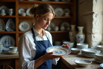 Collectionneuse examinant une assiette en faïence Henriot Quimper décorée d'un personnage breton traditionnel dans une boutique d'antiquités