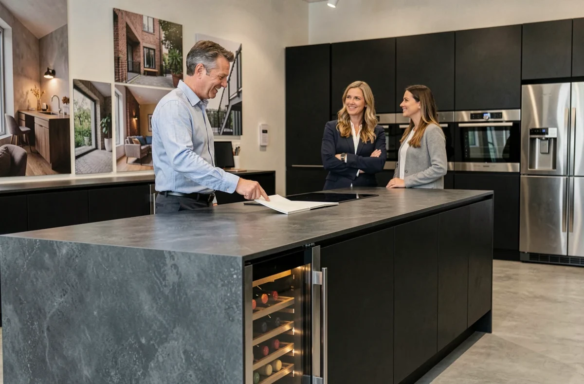 Cuisine Comera noire mate avec plan en pierre frittée et cave à vin intégrée dans le showroom de Valenciennes